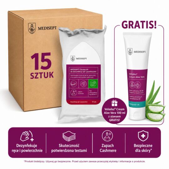 MEDISEPT chusteczki do dezynfekcji rąk i powierzchni Cashmere + GRATIS KREM!